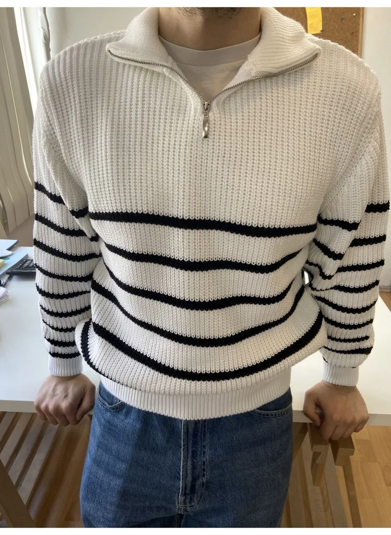 Cool Tarz Cool Style White-Black Men's Regular Zippered Turtleneck Sweater