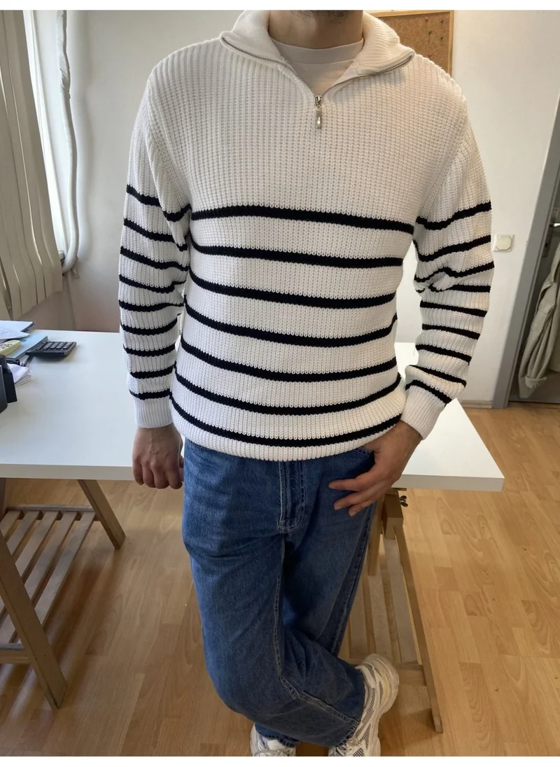 Cool Tarz Cool Style White-Black Men's Regular Zippered Turtleneck Sweater