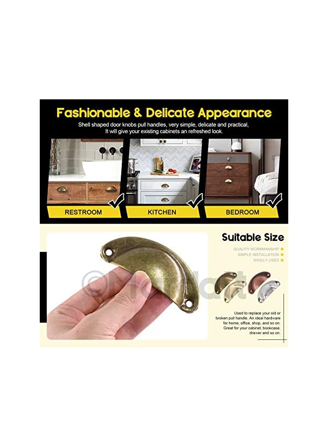 Mardatt Mardatt 60Pcs Gold Shell Cup Handle with Screws, Metal Iron Half Moon Cupped Drawer Shell Pulls Knobs Handle Vintage Door Knob Pull Handles for Furniture Wardrobe Dresser Cabinet  - Image 3