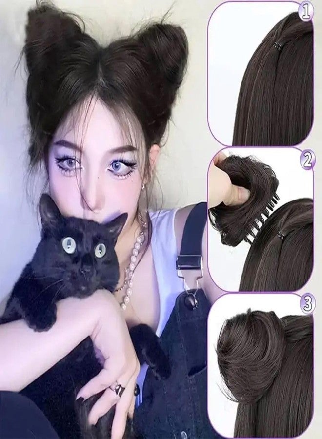 RUSTAMM 2PCS Cat Ears Claw Clip in Messy Hair Bun Extensions Ponytail Fake Hairpieces for Women Daily Party Accessory (Natural black) - Image 4