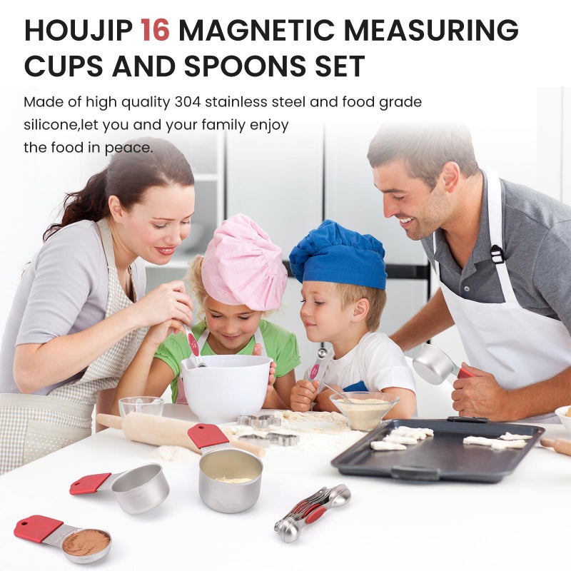 HOUJIP Magnetic Measuring Cups and Spoons Set-Heavy Duty 304 Stainless Steelï¼ŒDouble Measurement Markingsï¼ŒSet of 16 with Leveler for Measure Dry and Liquid Ingredients (Red) - Image 3