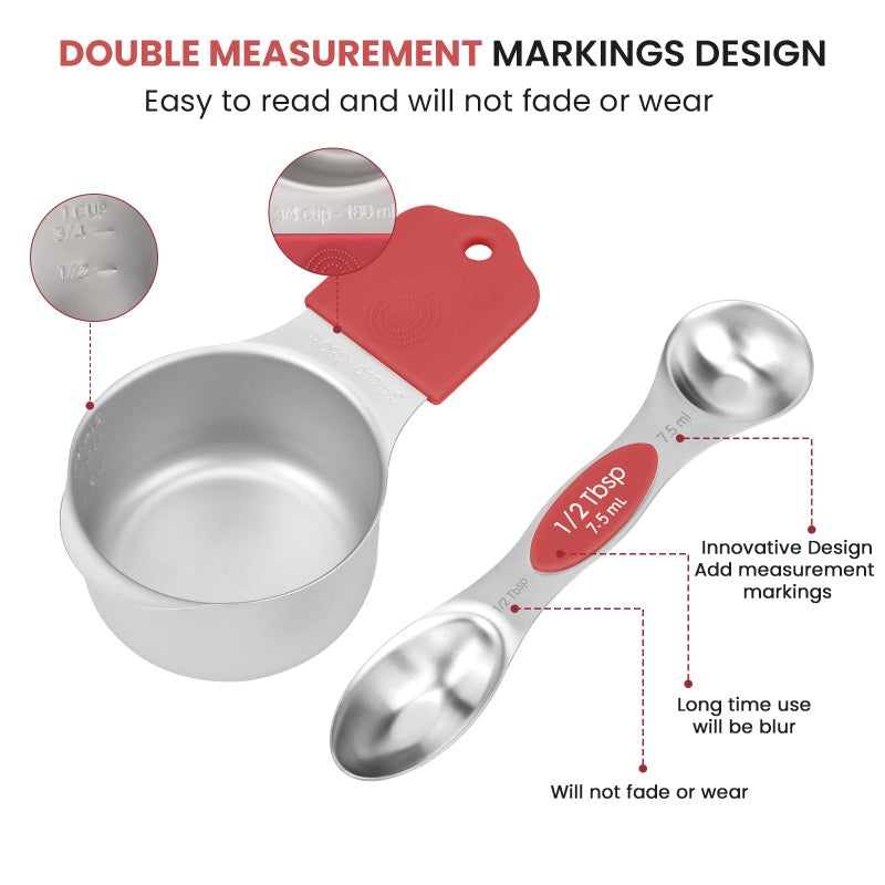 HOUJIP Magnetic Measuring Cups and Spoons Set-Heavy Duty 304 Stainless Steelï¼ŒDouble Measurement Markingsï¼ŒSet of 16 with Leveler for Measure Dry and Liquid Ingredients (Red) - Image 4