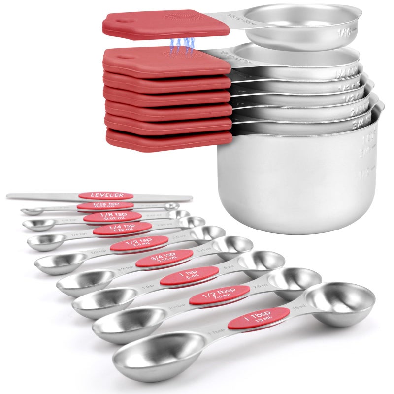 HOUJIP Magnetic Measuring Cups and Spoons Set-Heavy Duty 304 Stainless Steelï¼ŒDouble Measurement Markingsï¼ŒSet of 16 with Leveler for Measure Dry and Liquid Ingredients (Red) - Image 1