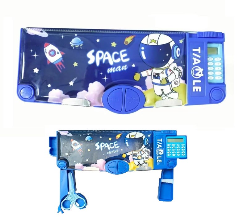 Invite Enterprise Multifunctional School Pencil Box with Calculator Cute Cartoon Stationary Compass for Boys Geometry Kids with Inbuilt Scissor Ruler Eraser&Sharpener Box Best Gift (Blue Space-Calculator) - Image 1