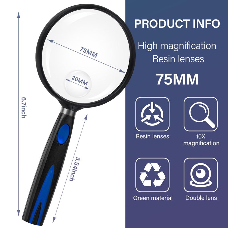Feosky Handheld Reading Magnifier, 10X Magnifier, 75mm Shatterproof Lens, Non-Slip Handle for Adults Close Work, Hobbies and Halloween & Cosplay(Blue/Black) - Image 2