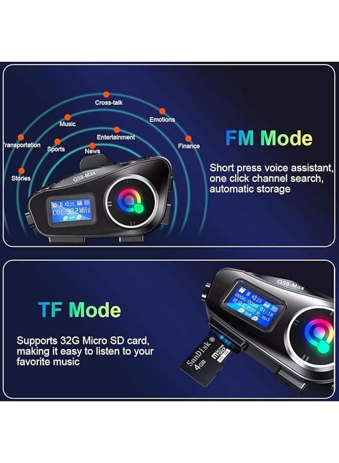 Motorcycle Helmet Bluetooth Headset, Helmet Bluetooth Intercom Bt5.3 Noise Cancellation 6Eq Hifi Stereo, Headphone Speakers Lcd Screen, Support Fm Radio, Music Share, Sd Card - Image 5