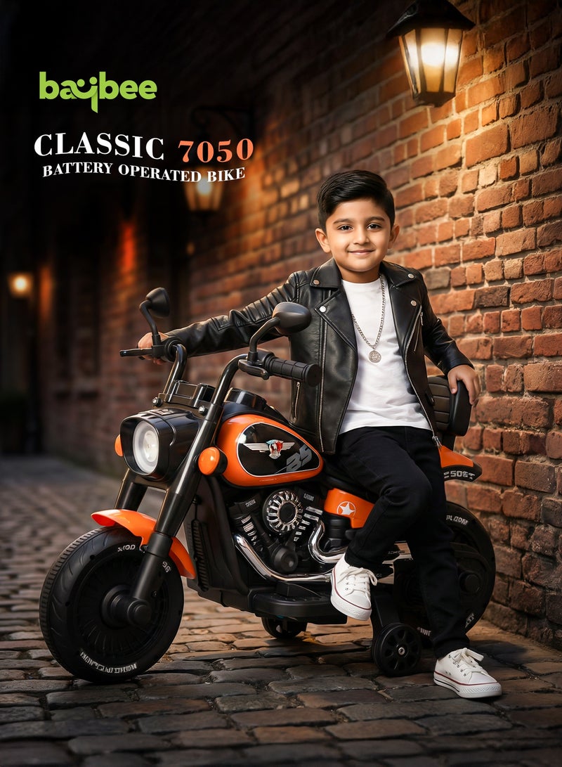 بيبي دراجة كلاسيكية تعمل بالبطارية للأطفال | دراجة ركوب للأطفال مزودة بإضاءة وموسيقى مبهرة | دراجة كهربائية قابلة لإعادة الشحن مع دواسة تسريع بالقدم | دراجة كهربائية للأولاد والبنات من عمر سنتين فأكثر – اللون البرتقالي - Image 2