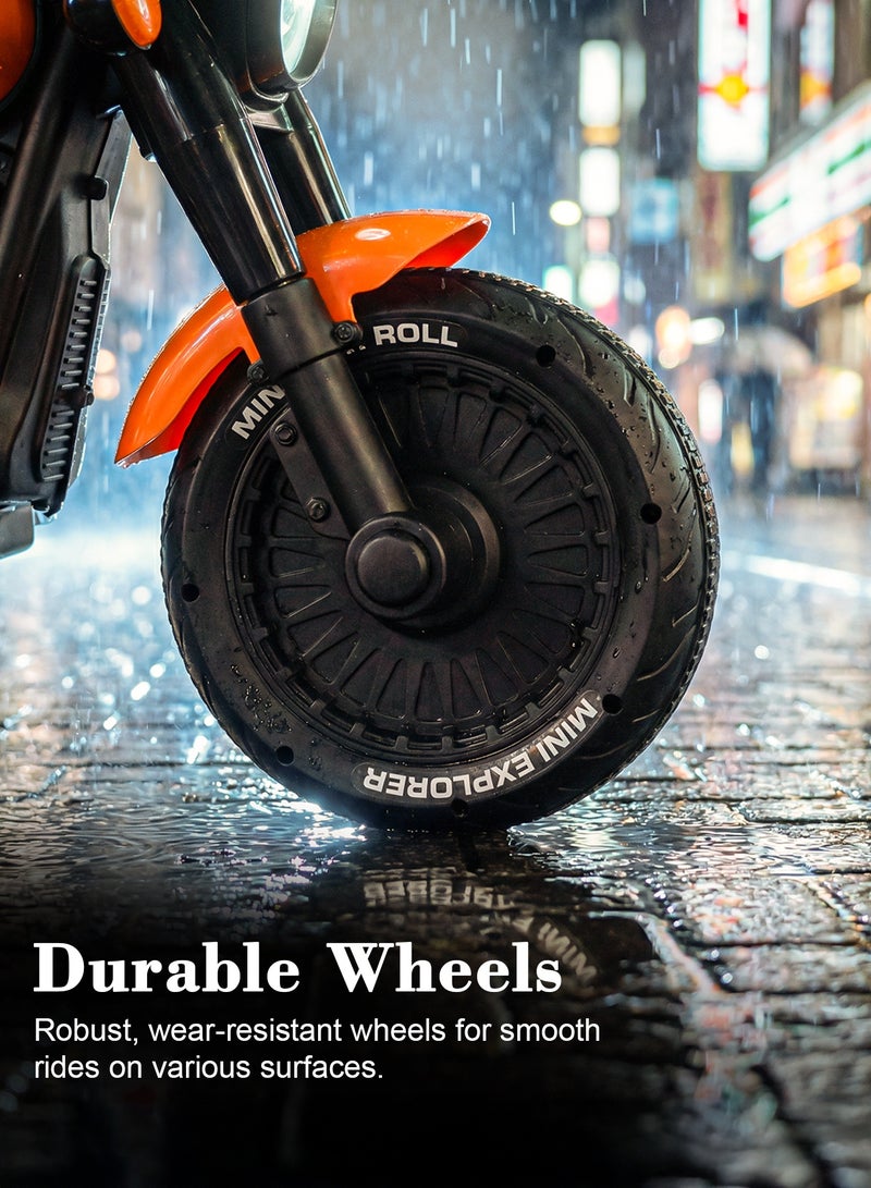 بيبي دراجة كلاسيكية تعمل بالبطارية للأطفال | دراجة ركوب للأطفال مزودة بإضاءة وموسيقى مبهرة | دراجة كهربائية قابلة لإعادة الشحن مع دواسة تسريع بالقدم | دراجة كهربائية للأولاد والبنات من عمر سنتين فأكثر – اللون البرتقالي - Image 4