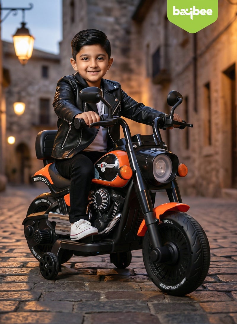 بيبي دراجة كلاسيكية تعمل بالبطارية للأطفال | دراجة ركوب للأطفال مزودة بإضاءة وموسيقى مبهرة | دراجة كهربائية قابلة لإعادة الشحن مع دواسة تسريع بالقدم | دراجة كهربائية للأولاد والبنات من عمر سنتين فأكثر – اللون البرتقالي - Image 3