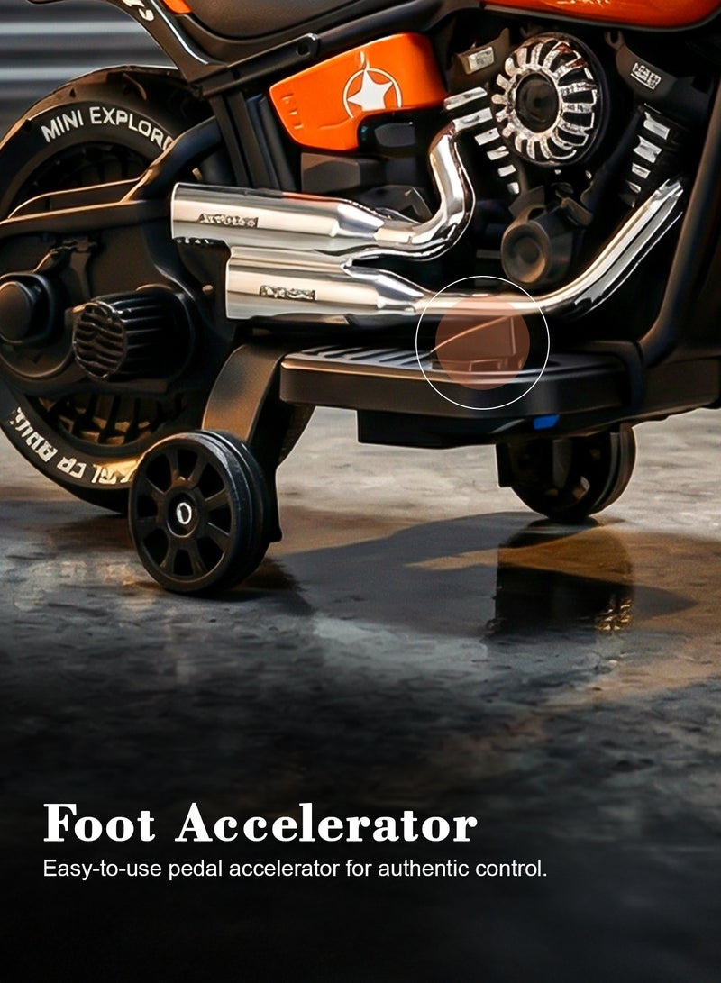 بيبي دراجة كلاسيكية تعمل بالبطارية للأطفال | دراجة ركوب للأطفال مزودة بإضاءة وموسيقى مبهرة | دراجة كهربائية قابلة لإعادة الشحن مع دواسة تسريع بالقدم | دراجة كهربائية للأولاد والبنات من عمر سنتين فأكثر – اللون البرتقالي - Image 5