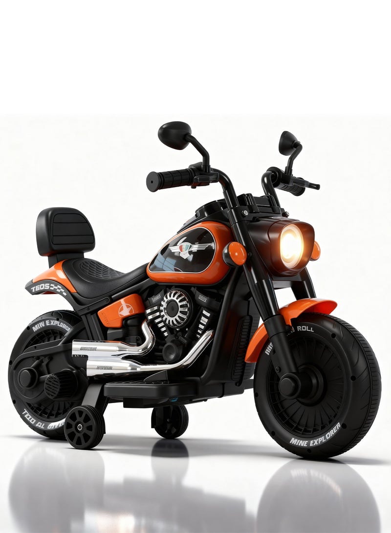 بيبي دراجة كلاسيكية تعمل بالبطارية للأطفال | دراجة ركوب للأطفال مزودة بإضاءة وموسيقى مبهرة | دراجة كهربائية قابلة لإعادة الشحن مع دواسة تسريع بالقدم | دراجة كهربائية للأولاد والبنات من عمر سنتين فأكثر – اللون البرتقالي - Image 1