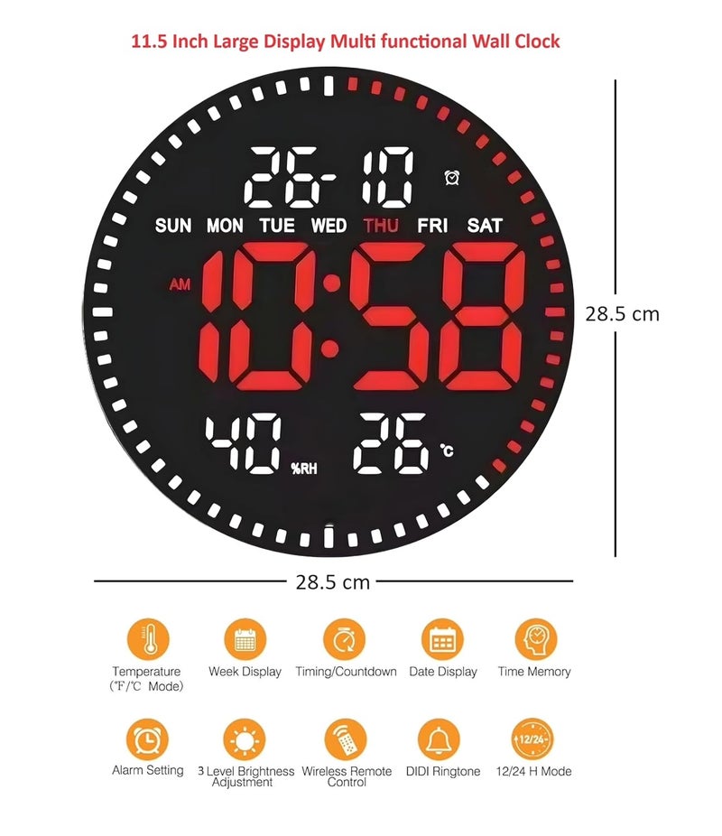 De'rons Derons 11 Plastic Digital Wall Clock with Alarm and Stop Watch for Office and Home Dcor with Remote Control Date Humidity Temperature and Week Timer 1224 Hours Adjustable Brightness  - Image 2