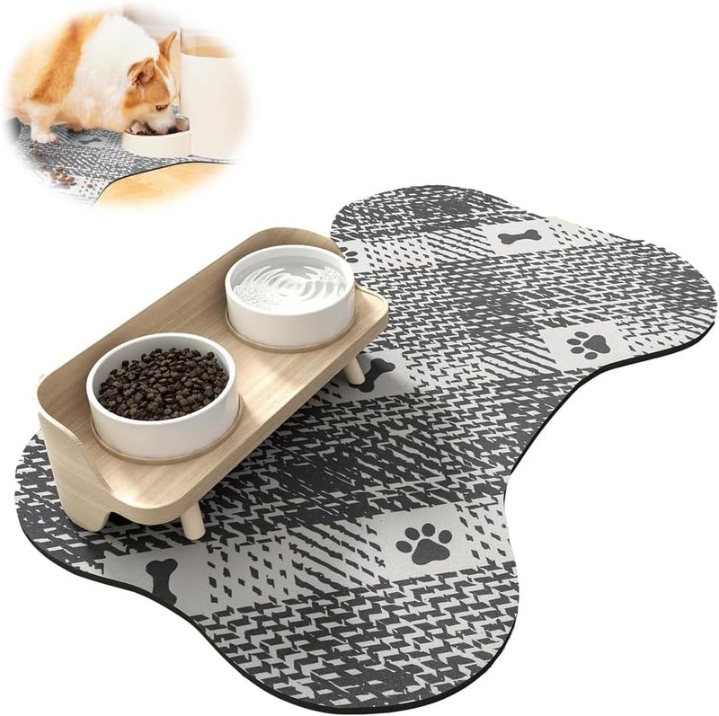 Dog Food Mat, Absorbent Pet Food Mat, Quick Dry Bone-Shaped Feeding Mat for Messy Drinkers, 12"x19", Black and White - Image 1