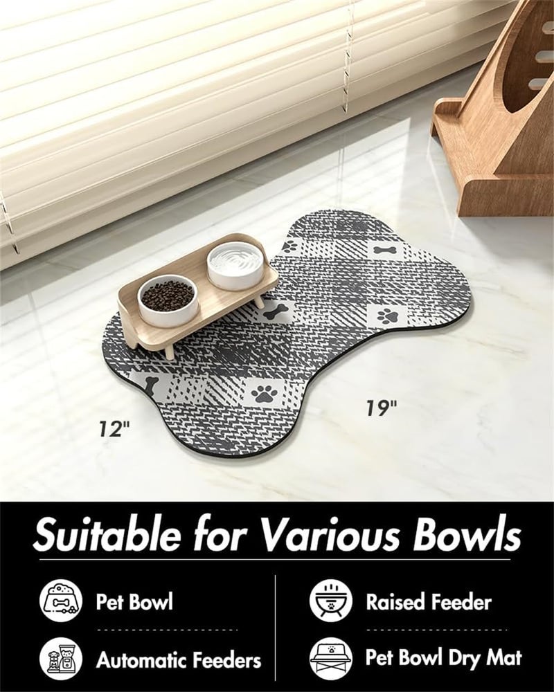 Dog Food Mat, Absorbent Pet Food Mat, Quick Dry Bone-Shaped Feeding Mat for Messy Drinkers, 12"x19", Black and White - Image 3