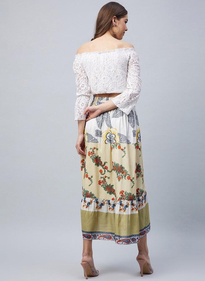 StyleStone بلوزة قطنية بيضاء وصفراء للنساء بأكتاف مكشوفة مع تنورة هاي-لو - Image 5