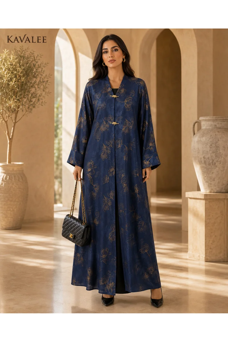 Kavalee Women's Luxury Navy Blue Abaya with Gold Floral Print & Elegant Gold Clasps