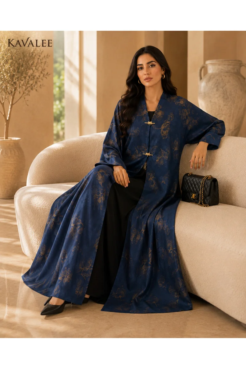 Kavalee Women's Luxury Navy Blue Abaya with Gold Floral Print & Elegant Gold Clasps