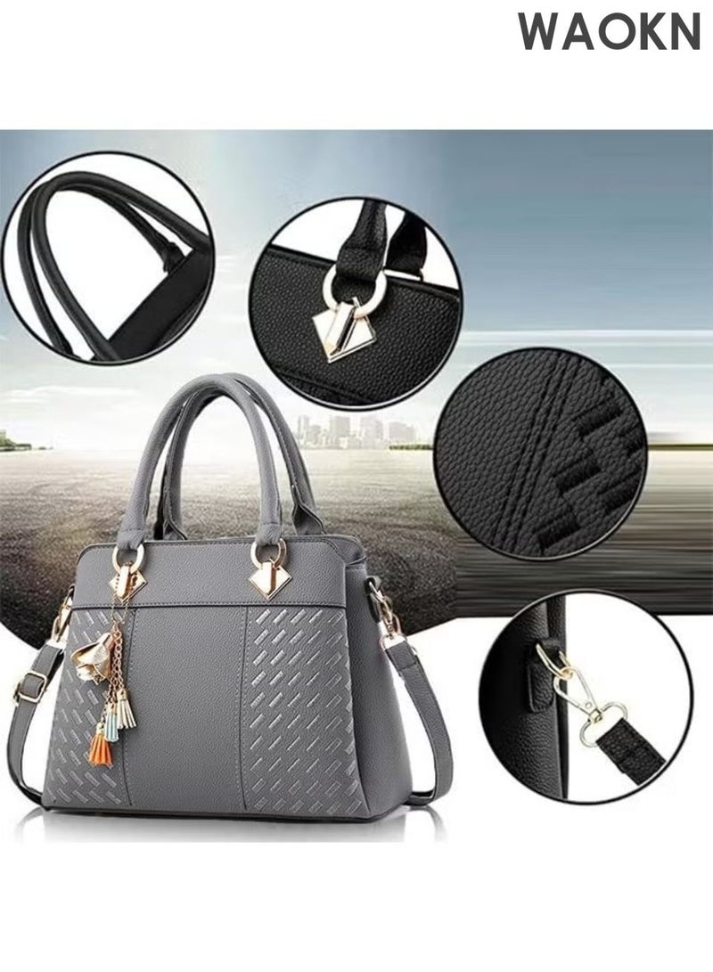 دبليو أيه أو كي أن حقيبة كتف، حقيبة كتف فاخرة متعددة الاستخدامات من جلد البولي يوريثين للنساء والرجال، حقائب يد ومحافظ مناسبة للعمل والسفر والمناسبات، مناسبة للعمل والتسوق والدراسة، للجنسين، (رمادي). - Image 2