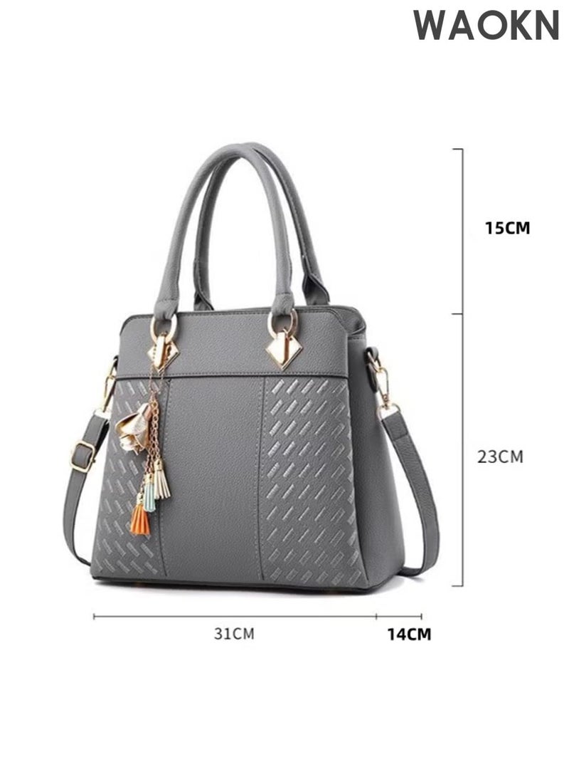 دبليو أيه أو كي أن حقيبة كتف، حقيبة كتف فاخرة متعددة الاستخدامات من جلد البولي يوريثين للنساء والرجال، حقائب يد ومحافظ مناسبة للعمل والسفر والمناسبات، مناسبة للعمل والتسوق والدراسة، للجنسين، (رمادي). - Image 5