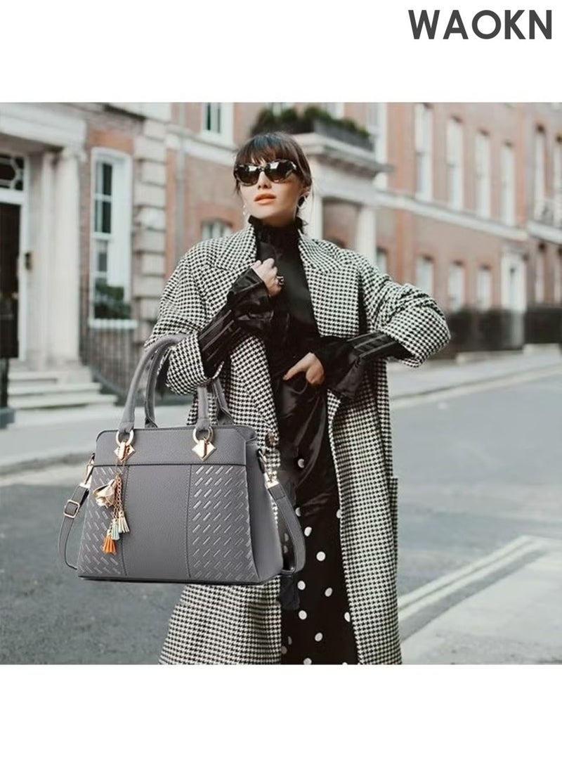 دبليو أيه أو كي أن حقيبة كتف، حقيبة كتف فاخرة متعددة الاستخدامات من جلد البولي يوريثين للنساء والرجال، حقائب يد ومحافظ مناسبة للعمل والسفر والمناسبات، مناسبة للعمل والتسوق والدراسة، للجنسين، (رمادي). - Image 4