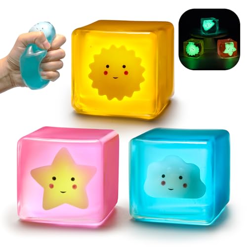 CEMECER Fidget Toys 3PCS Squishy Stress Cubes for Anxiety Stress Relief Cloud Sun and Star Glow in The Dark Sensory Cube Toys for Adults Kids High Density Squeeze Ice Cubes Balls - Image 1