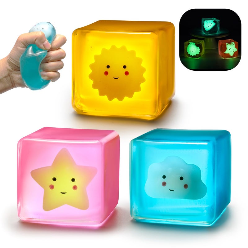 CEMECER Fidget Toys 3PCS Squishy Stress Cubes for Anxiety Stress Relief Cloud Sun and Star Glow in The Dark Sensory Cube Toys for Adults Kids High Density Squeeze Ice Cubes Balls - Image 3