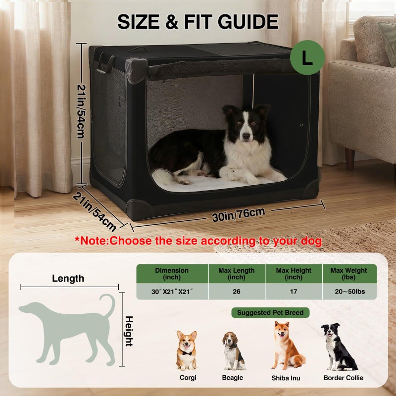 Veraste 30" L x 21" W x 21" H Collapsible Travel Dog Crate, Portable Soft Dog Kennel for Medium Dogs up to 45 lbs, 4-Door Foldable Travel Crate with Durable Mesh & Storage Bag, Black - Image 2
