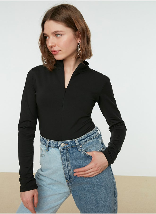 trendyol Black Zipper High Neck Long Sleeve Flexible Snaps Knitted Bodysuit TWOAW21BD0070  - Image 1