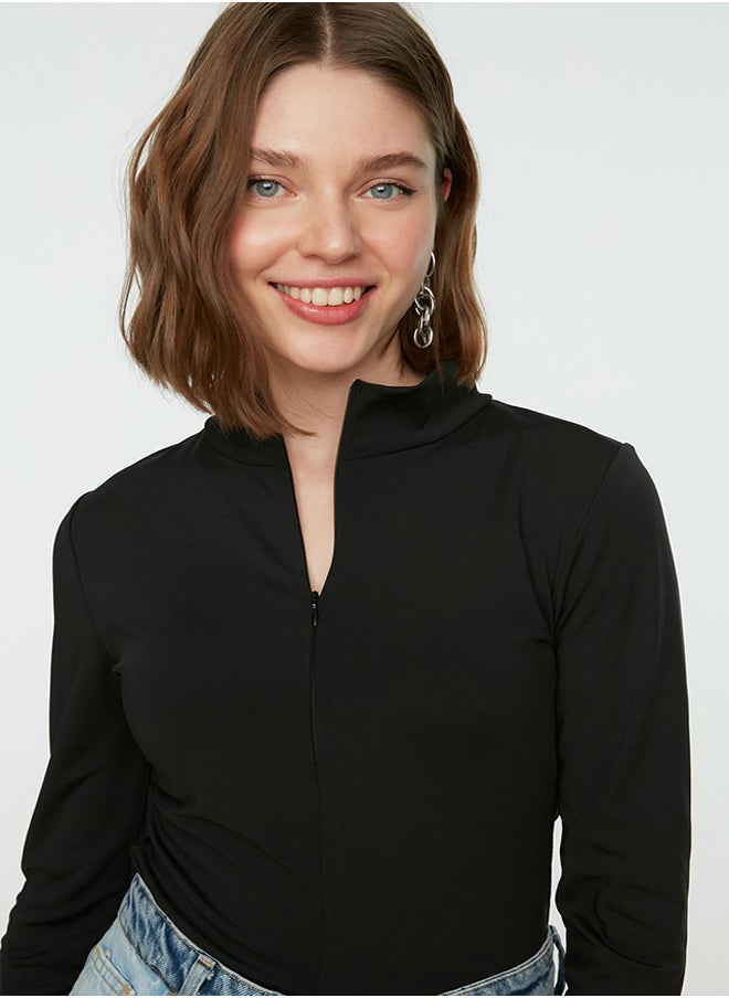 trendyol Black Zipper High Neck Long Sleeve Flexible Snaps Knitted Bodysuit TWOAW21BD0070  - Image 3