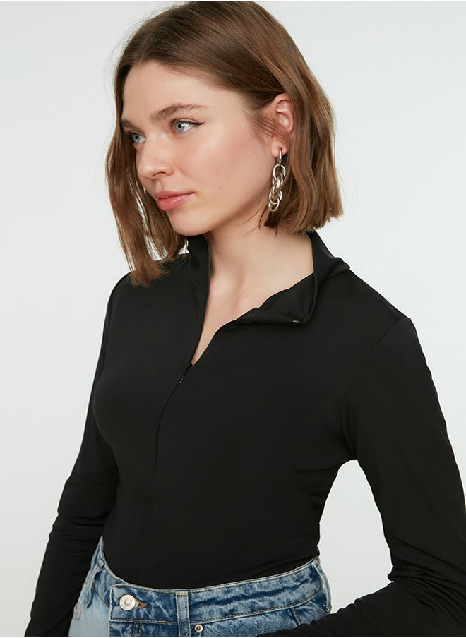 trendyol Black Zipper High Neck Long Sleeve Flexible Snaps Knitted Bodysuit TWOAW21BD0070  - Image 2