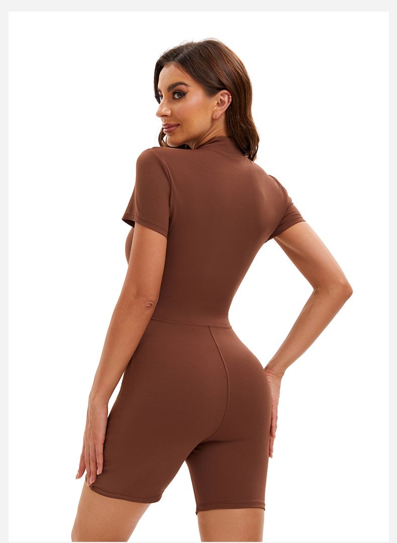 Women's Solid Color Zipper Short-sleeved Slim Yoga Jumpsuit Indoor Dance Fitness Outdoor Sports Set - Image 2