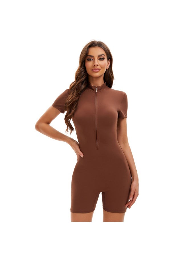 Women's Solid Color Zipper Short-sleeved Slim Yoga Jumpsuit Indoor Dance Fitness Outdoor Sports Set - Image 1