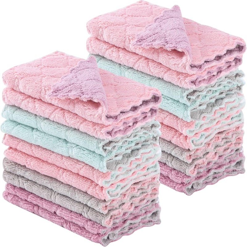 20 Pack Kitchen Dish Cloths Dish Towels,Super Absorbent Coral Fleece Cloth,Premium Cleaning Cloth,Nonstick Oil Washable Fast Drying Dish Rags for Clean Table,Dish,Glassï¼ˆ5Colors 6"x10"ï¼‰