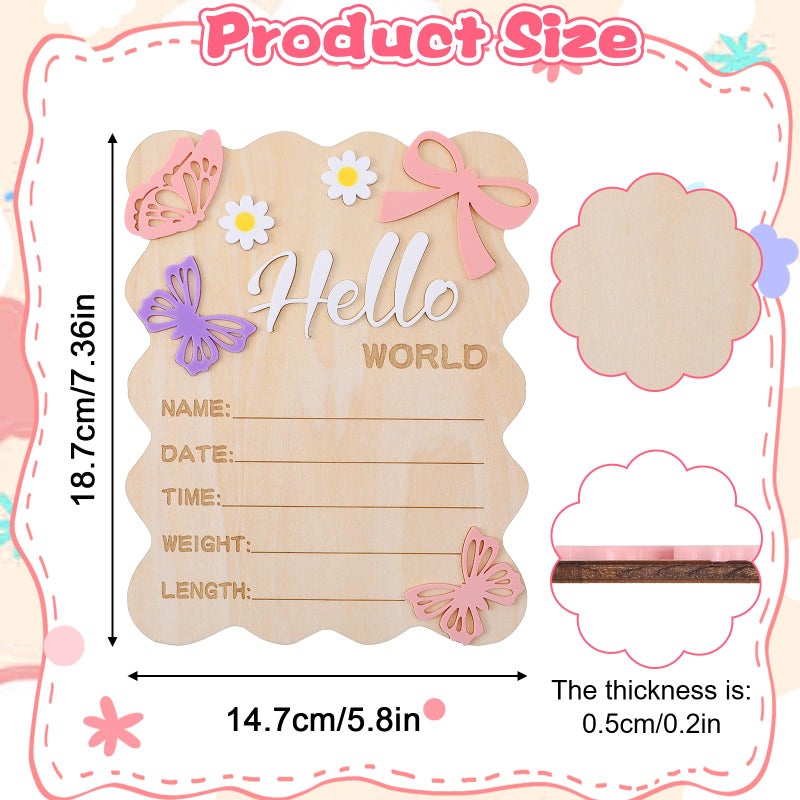 Ajcotahm Hello World Newborn Sign, 5.8 x 7.4 Inch Butterfly Daisy Baby Announcement Sign Wooden Bow Birth Welcome Board for Newborn Boys Girls Photo Props Baby Shower Hospital Nursery - Image 2