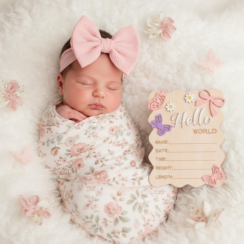 Ajcotahm Hello World Newborn Sign, 5.8 x 7.4 Inch Butterfly Daisy Baby Announcement Sign Wooden Bow Birth Welcome Board for Newborn Boys Girls Photo Props Baby Shower Hospital Nursery - Image 5