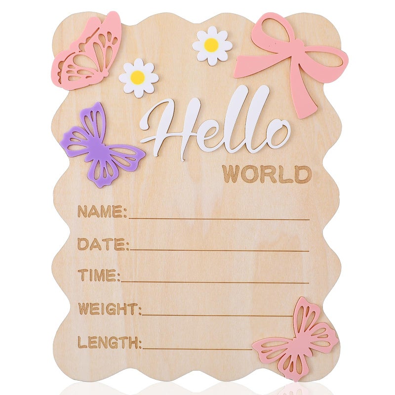 Ajcotahm Hello World Newborn Sign, 5.8 x 7.4 Inch Butterfly Daisy Baby Announcement Sign Wooden Bow Birth Welcome Board for Newborn Boys Girls Photo Props Baby Shower Hospital Nursery - Image 1