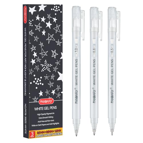 PANDAFLY White Gel Pens, 0.5/0.8/1.0mm Assorted Fine Medium Bold Tips, Opaque Archival White Ink Pens for Black Paper, Art Drawing, Journaling, Highlighting, DIY Crafts, Holiday Gifts, 3 Pack - Image 1