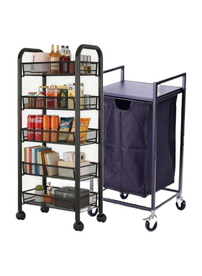 Kitchen Storage Rack and Heavy Duty Metal Shelving Unit on Rolling Cart for Garage, Kitchen, Basement, Pantry, 5-Tier Thick Foldable Storage Shelves with Wheels, Large Capacity, Black & Laundry Hamper with Shelf, One-Section Laundry Basket with Removable Sliding Bags, Clothes Hamper with Wheels, Freestanding Laundry Sorter for Bathroom Bedroom Living Room Laundry Room Bundle - Image 1