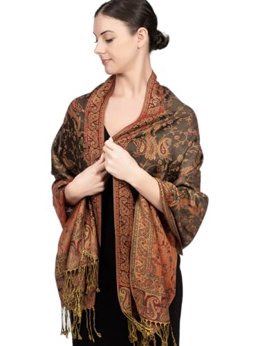 Achillea Soft Silky Reversible Paisley Pashmina Shawl Wrap Scarf w/Fringes (Olive Burgundy) - Image 2