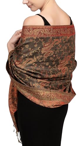 Achillea Soft Silky Reversible Paisley Pashmina Shawl Wrap Scarf w/Fringes (Olive Burgundy) - Image 1