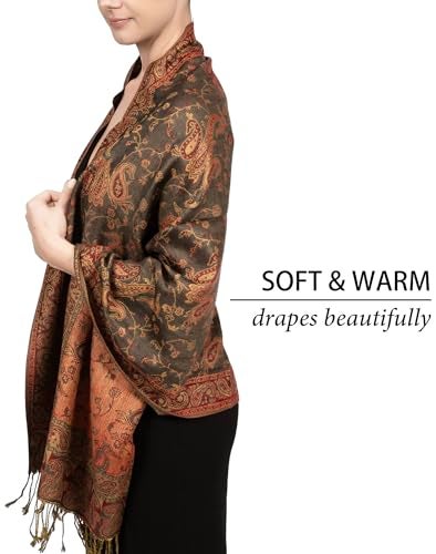 Achillea Soft Silky Reversible Paisley Pashmina Shawl Wrap Scarf w/Fringes (Olive Burgundy) - Image 4