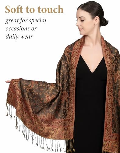 Achillea Soft Silky Reversible Paisley Pashmina Shawl Wrap Scarf w/Fringes (Olive Burgundy) - Image 5