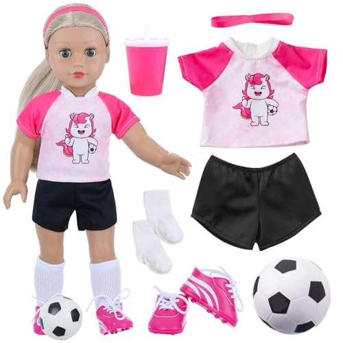 18INDC 18 Inch Doll Accessories Football Sport Set 7PCS Includes Headband Tops Shorts Shoes Mini Soccer Ball Socks Water Bottle for American Doll Pretend Play Gifts - Image 1