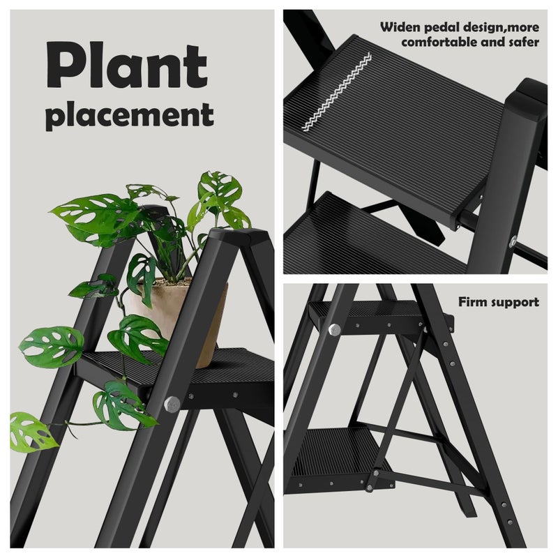 Taranta 2 Step Ladder,Aluminum Lightweight Folding 2 Step Stool with Anti-Slip Wide Pedal, 330lbs Capacity Step Ladder for Household,Kitchen,Office - Black - Image 2