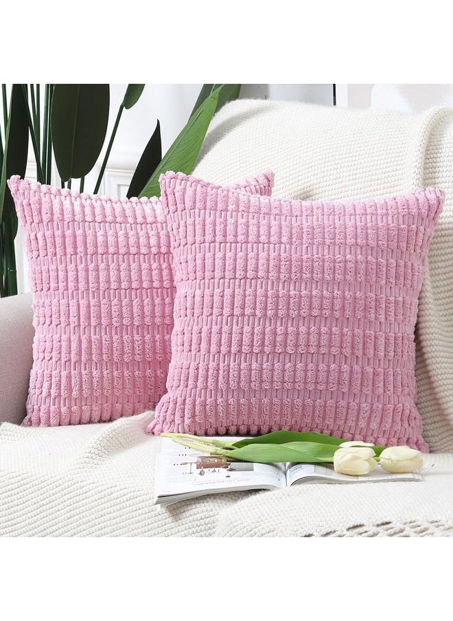 Maromalife Pack of 2 Boho Striped Corduroy Throw Pillow Covers 14x14 Inch Pink Soft Decorative Cushion Cover for Sofa Bedroom Pillow Shell  - Image 1