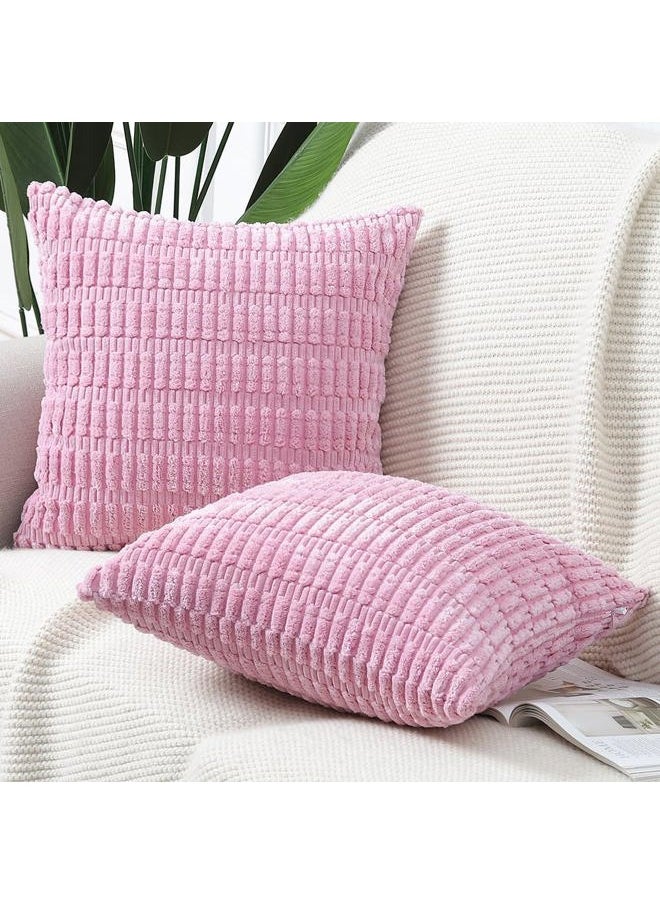 Maromalife Pack of 2 Boho Striped Corduroy Throw Pillow Covers 14x14 Inch Pink Soft Decorative Cushion Cover for Sofa Bedroom Pillow Shell  - Image 2