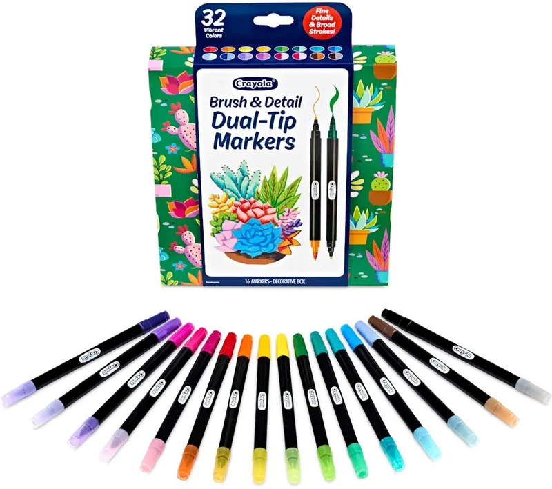 كرايولا Crayola Brush & Detail Dual-Ended Markers, 16 Count – Blendable Art Markers with Brush and Fine Tips for Drawing, Lettering & Coloring