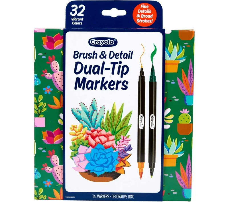 كرايولا Crayola Brush & Detail Dual-Ended Markers, 16 Count – Blendable Art Markers with Brush and Fine Tips for Drawing, Lettering & Coloring