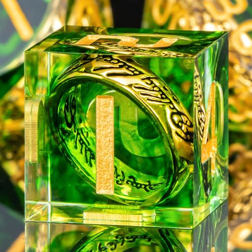 OUKELANWO Magic Lord Rings DND Dice Set with Box 7Pcs Resin LOTR DD Dice Set for Role Playing Game Green Gold Dungeons Dragons D and D Sharp Edge Dice D20 D12 D10 D8 D6 D4 - Image 1
