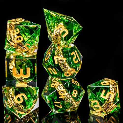 OUKELANWO Magic Lord Rings DND Dice Set with Box 7Pcs Resin LOTR DD Dice Set for Role Playing Game Green Gold Dungeons Dragons D and D Sharp Edge Dice D20 D12 D10 D8 D6 D4 - Image 5
